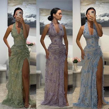 Luxury Sage Green 3D Flower Halter Evening Dress With Slit LA73472