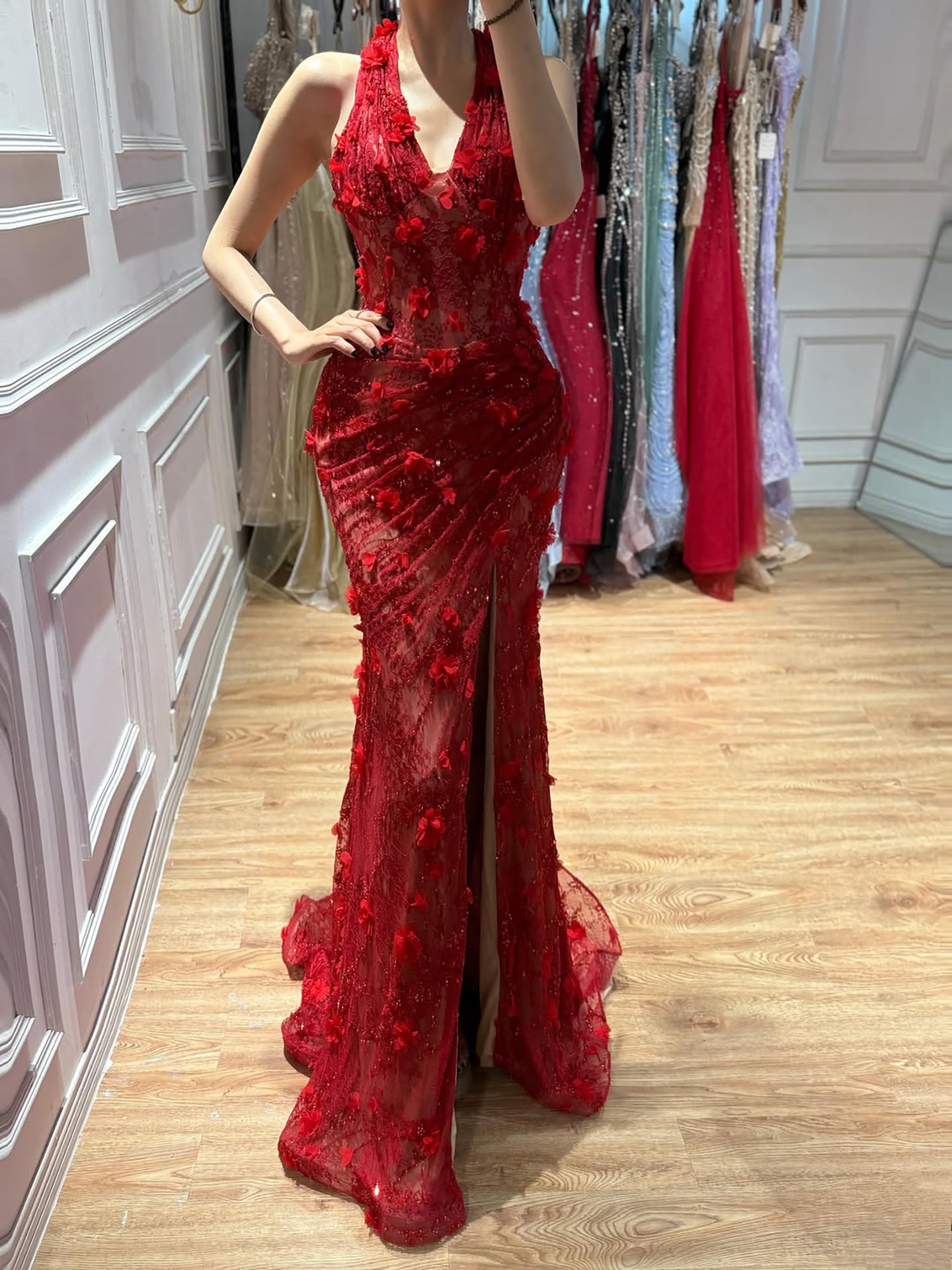 Luxury Sage Green 3D Flower Halter Evening Dress With Slit LA73472