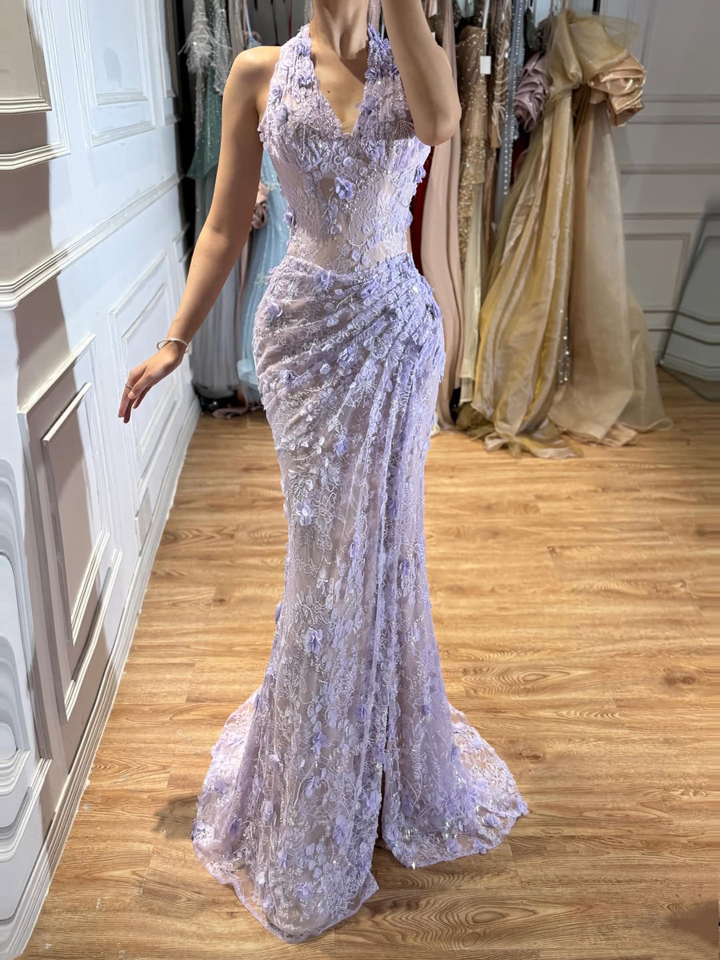 Luxury Sage Green 3D Flower Halter Evening Dress With Slit LA73472