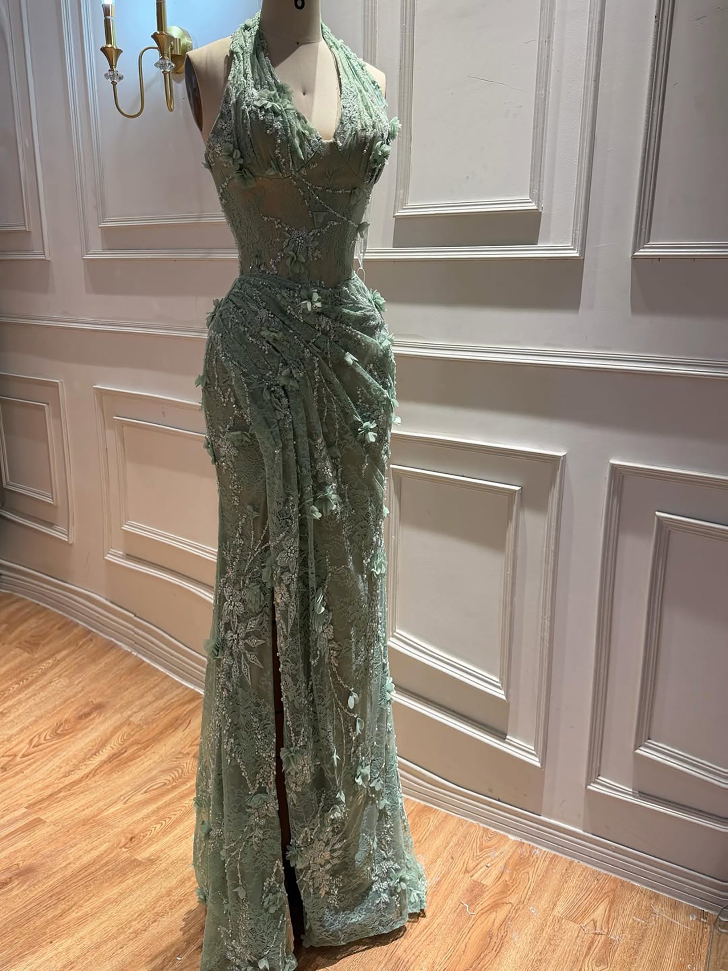 Luxury Sage Green 3D Flower Halter Evening Dress With Slit LA73472