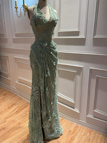 Luxury Sage Green 3D Flower Halter Evening Dress With Slit LA73472