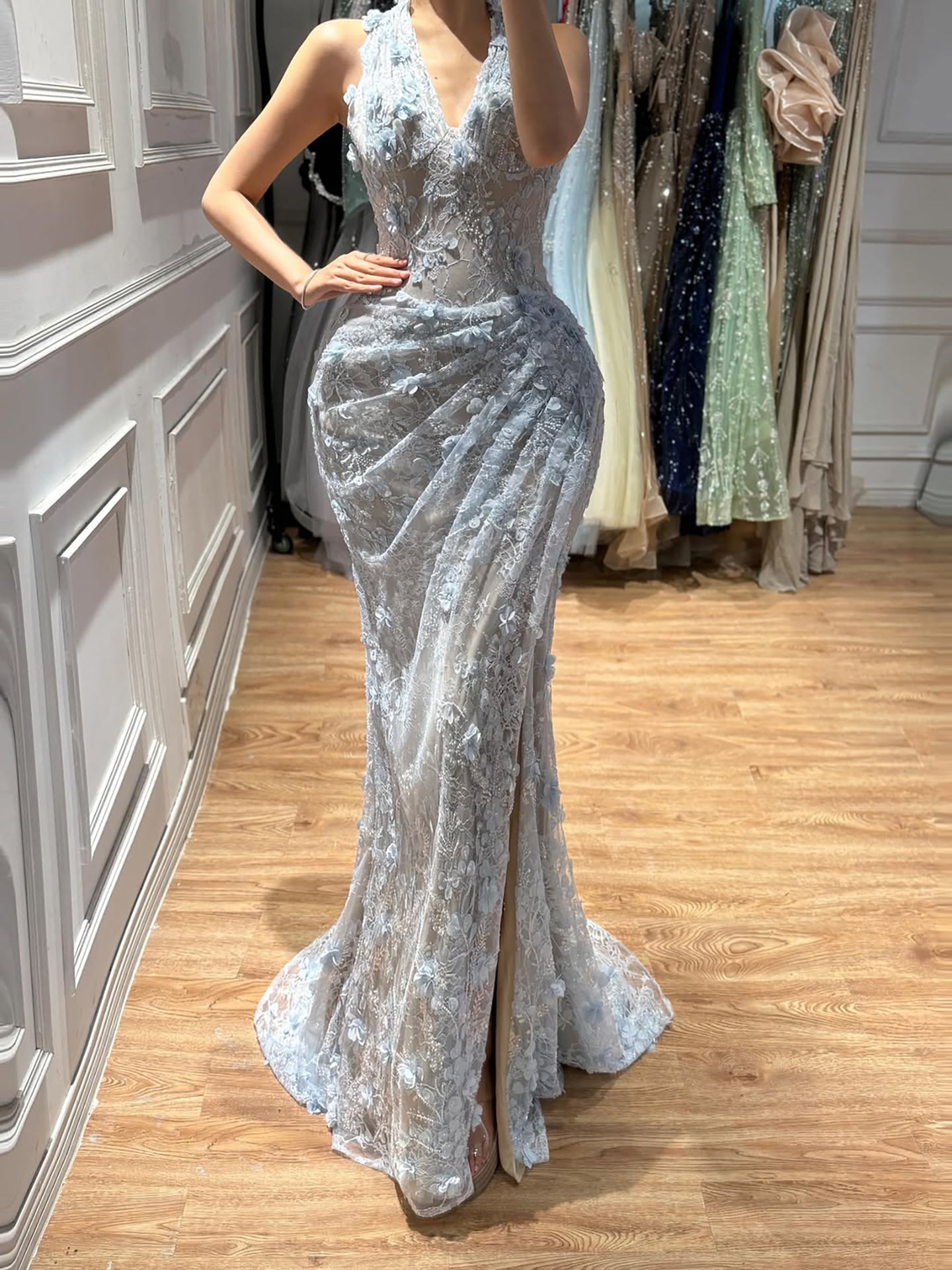 Luxury Sage Green 3D Flower Halter Evening Dress With Slit LA73472
