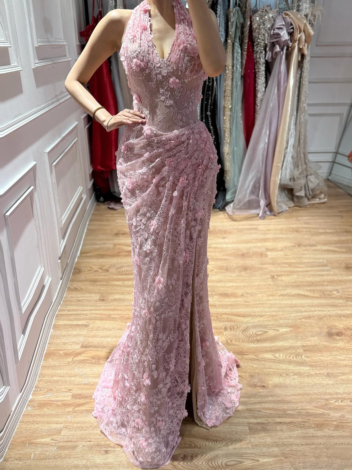 Luxury Sage Green 3D Flower Halter Evening Dress With Slit LA73472