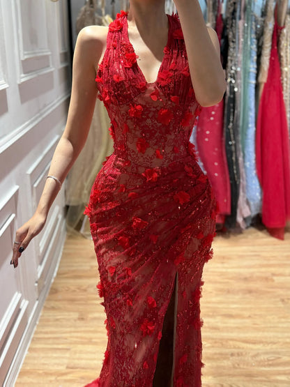 Luxury Sage Green 3D Flower Halter Evening Dress With Slit LA73472