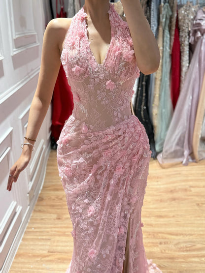Luxury Sage Green 3D Flower Halter Evening Dress With Slit LA73472