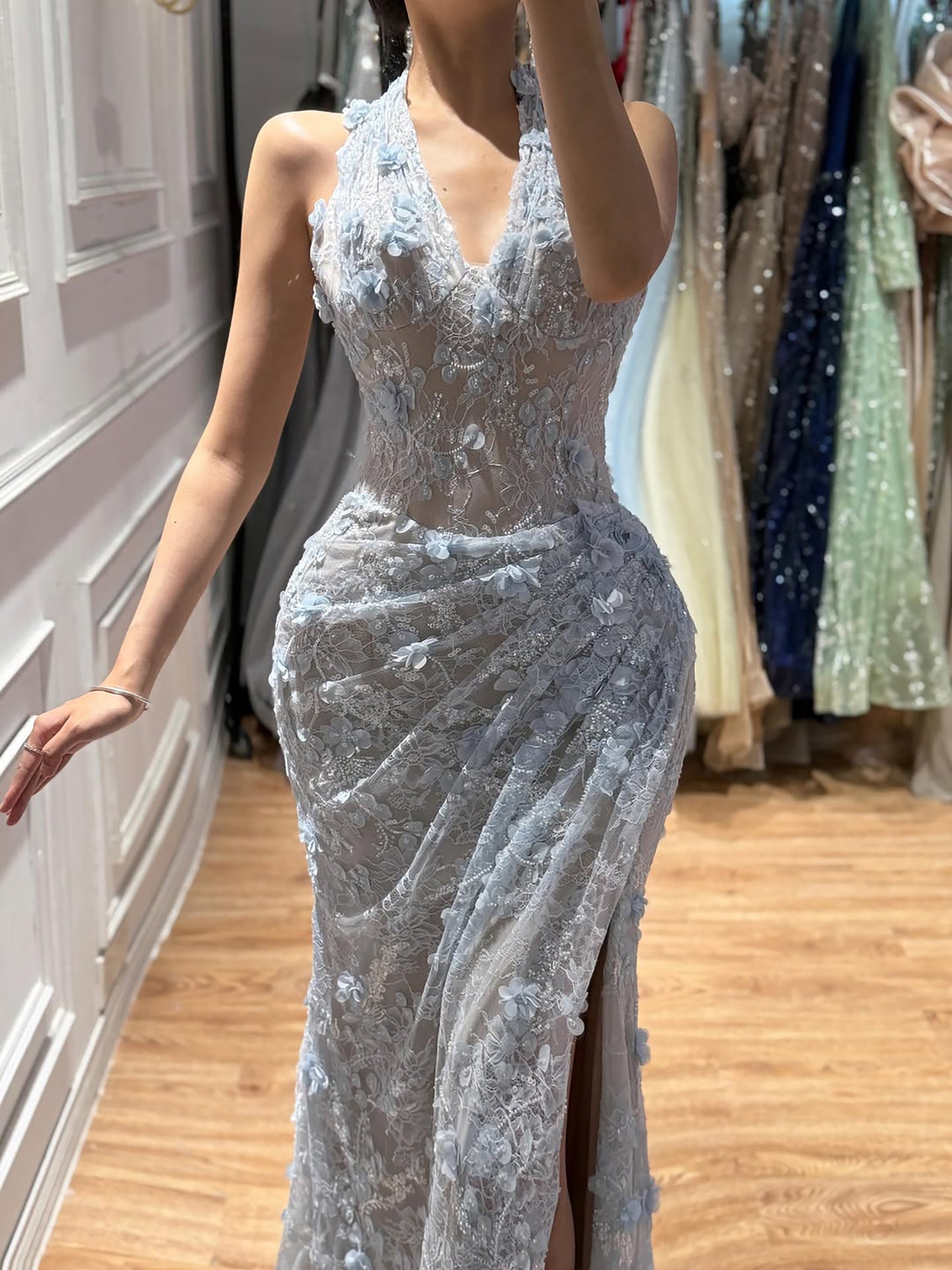 Luxury Sage Green 3D Flower Halter Evening Dress With Slit LA73472