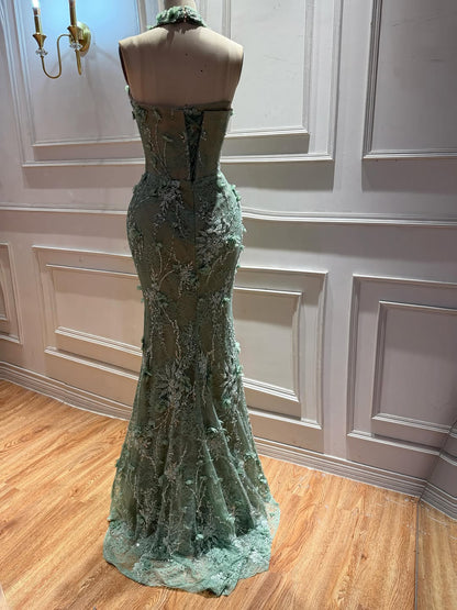 Luxury Sage Green 3D Flower Halter Evening Dress With Slit LA73472