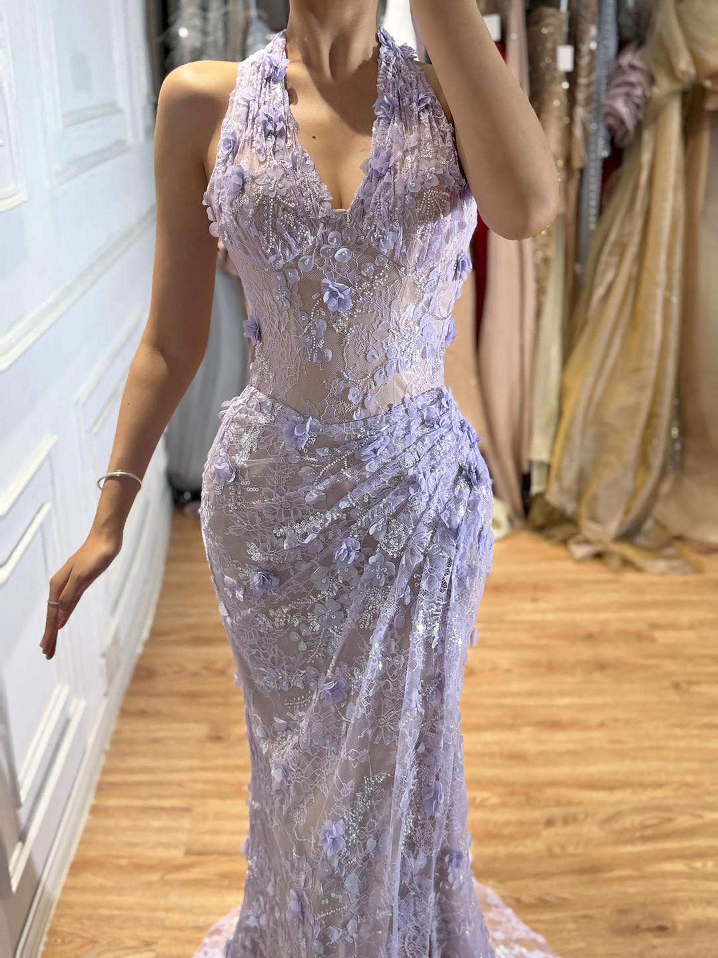 Luxury Sage Green 3D Flower Halter Evening Dress With Slit LA73472