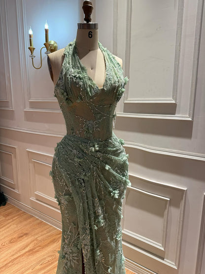 Luxury Sage Green 3D Flower Halter Evening Dress With Slit LA73472
