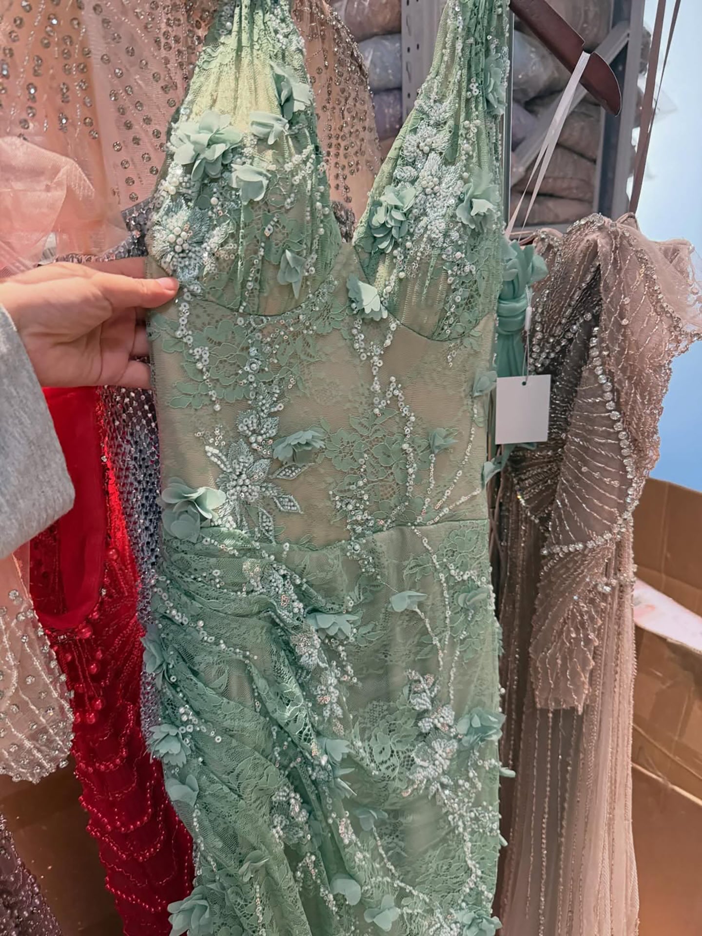 Luxury Sage Green 3D Flower Halter Evening Dress With Slit LA73472