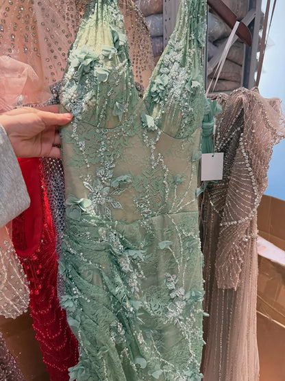 Luxury Sage Green 3D Flower Halter Evening Dress With Slit LA73472