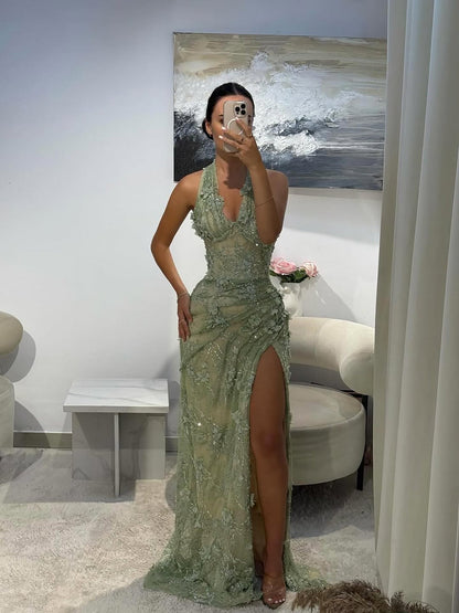 Luxury Sage Green 3D Flower Halter Evening Dress With Slit LA73472