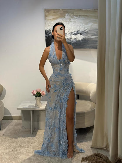 Luxury Sage Green 3D Flower Halter Evening Dress With Slit LA73472