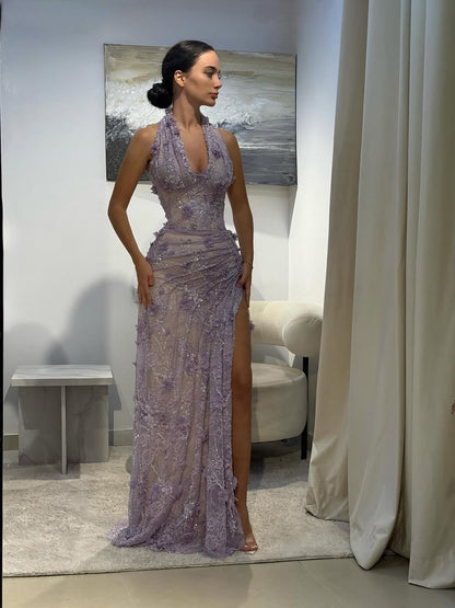 Luxury Sage Green 3D Flower Halter Evening Dress With Slit LA73472