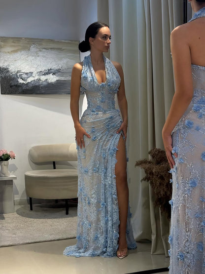 Luxury Sage Green 3D Flower Halter Evening Dress With Slit LA73472