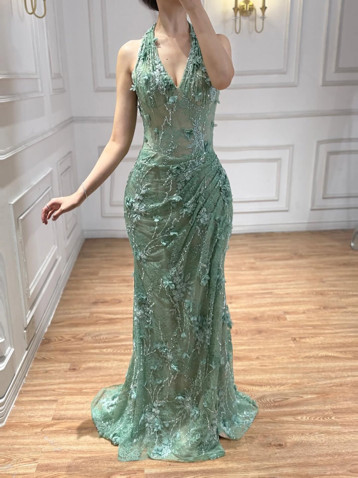 Luxury Sage Green 3D Flower Halter Evening Dress With Slit LA73472