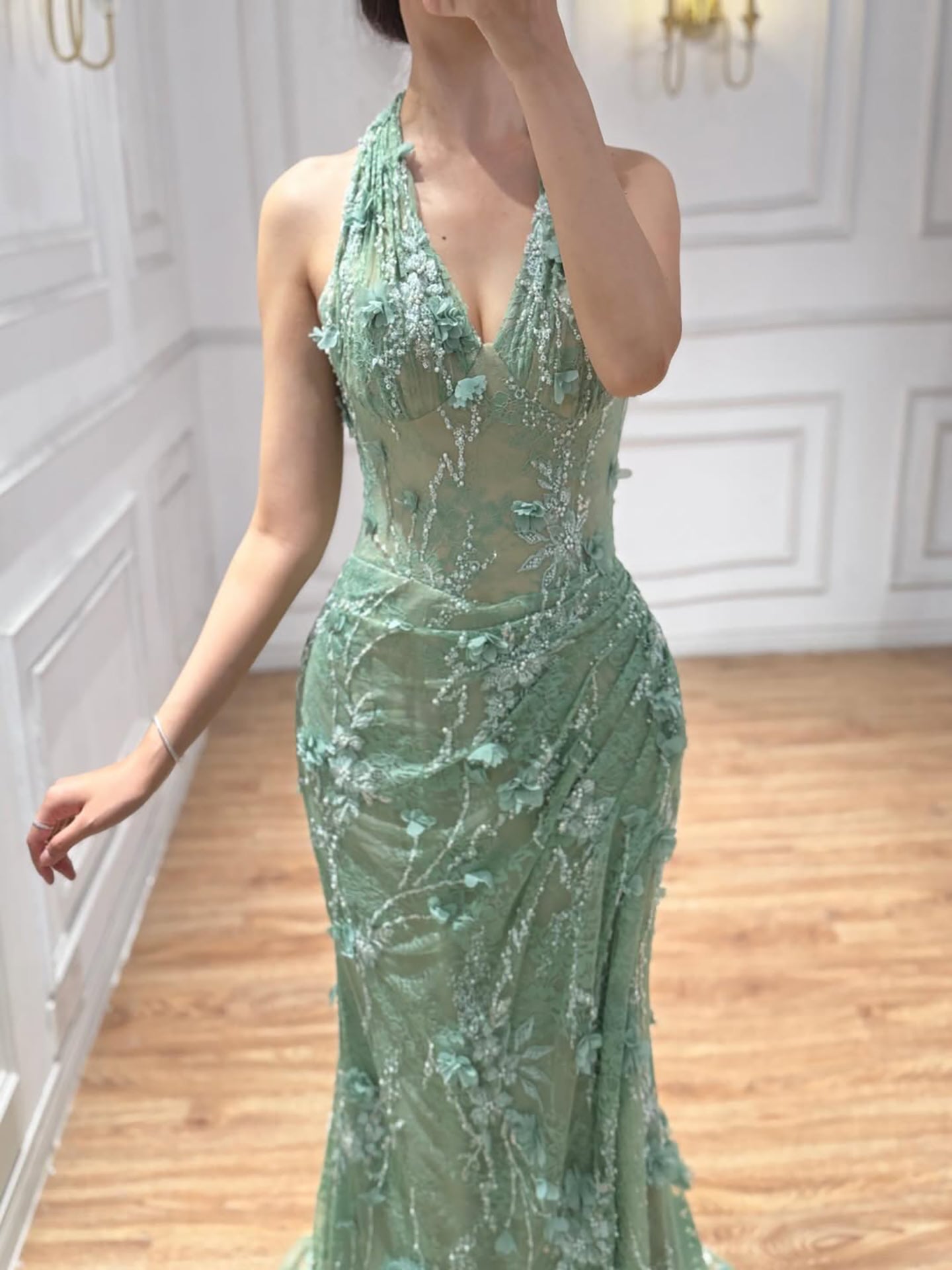Luxury Sage Green 3D Flower Halter Evening Dress With Slit LA73472