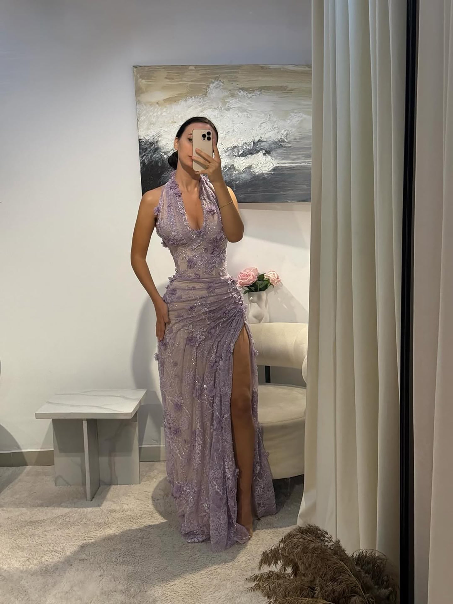 Luxury Sage Green 3D Flower Halter Evening Dress With Slit LA73472