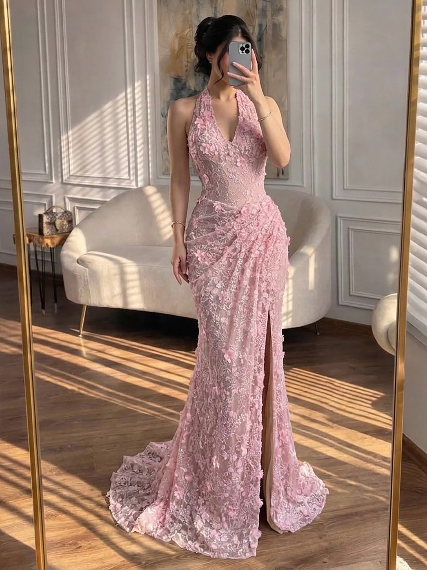 Luxury Sage Green 3D Flower Halter Evening Dress With Slit LA73472