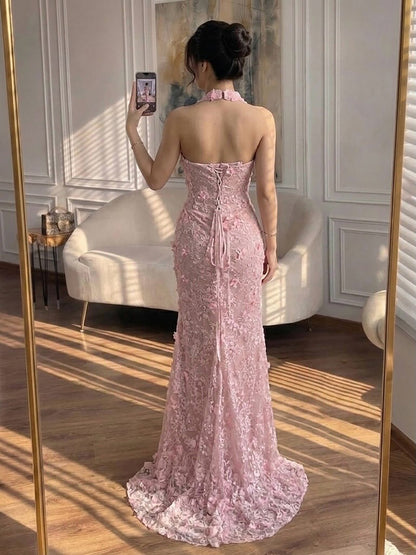 Luxury Sage Green 3D Flower Halter Evening Dress With Slit LA73472