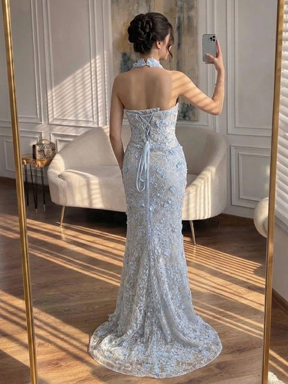 Luxury Sage Green 3D Flower Halter Evening Dress With Slit LA73472