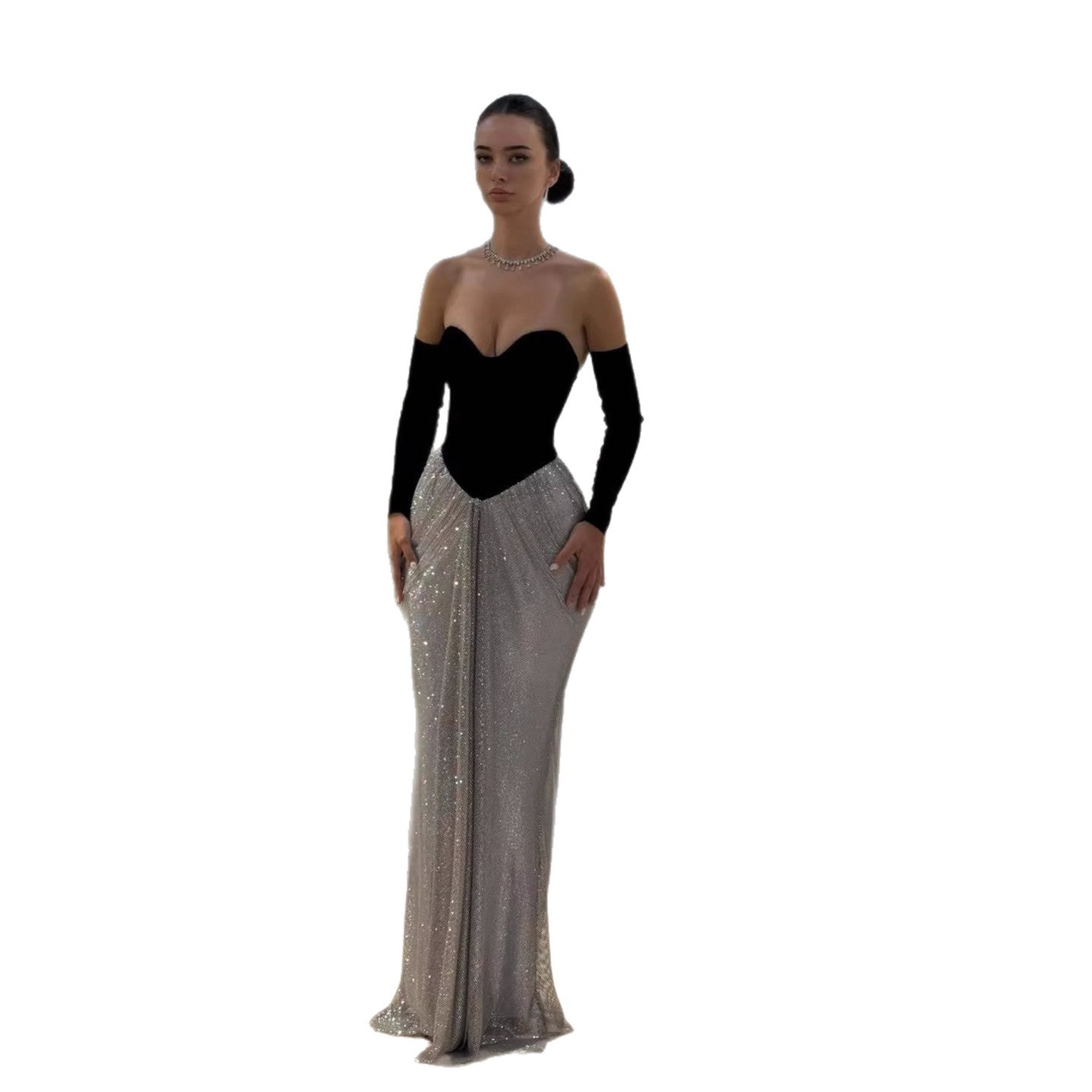 Luxury Black Silver Strapless Beaded Mermaid Evening Dress With Gloves LA73473