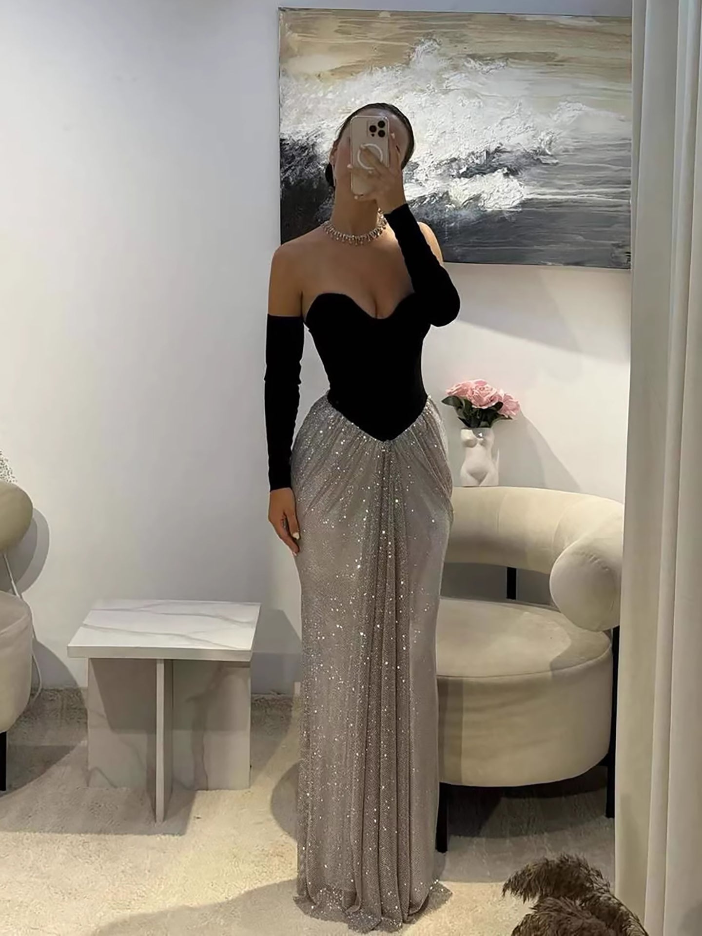 Luxury Black Silver Strapless Beaded Mermaid Evening Dress With Gloves LA73473