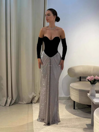 Luxury Black Silver Strapless Beaded Mermaid Evening Dress With Gloves LA73473