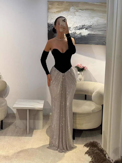 Luxury Black Silver Strapless Beaded Mermaid Evening Dress With Gloves LA73473