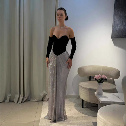 Luxury Black Silver Strapless Beaded Mermaid Evening Dress With Gloves LA73473