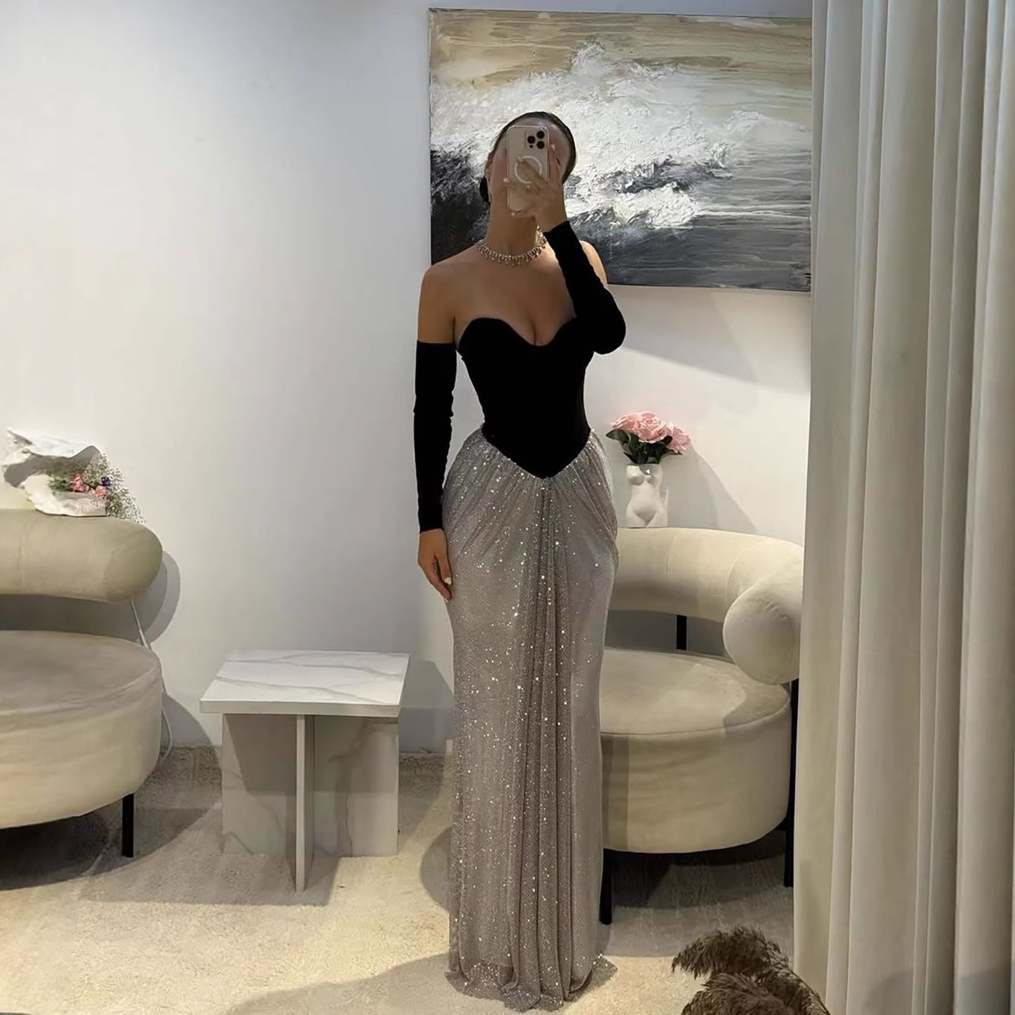 Luxury Black Silver Strapless Beaded Mermaid Evening Dress With Gloves LA73473