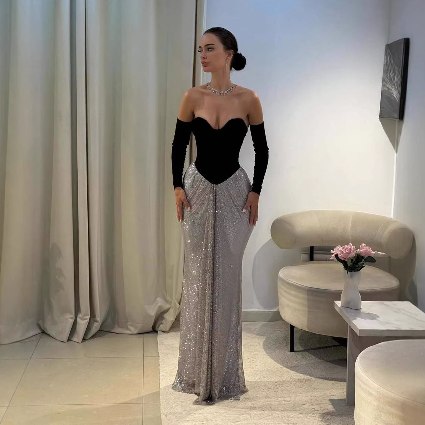 Luxury Black Silver Strapless Beaded Mermaid Evening Dress With Gloves LA73473