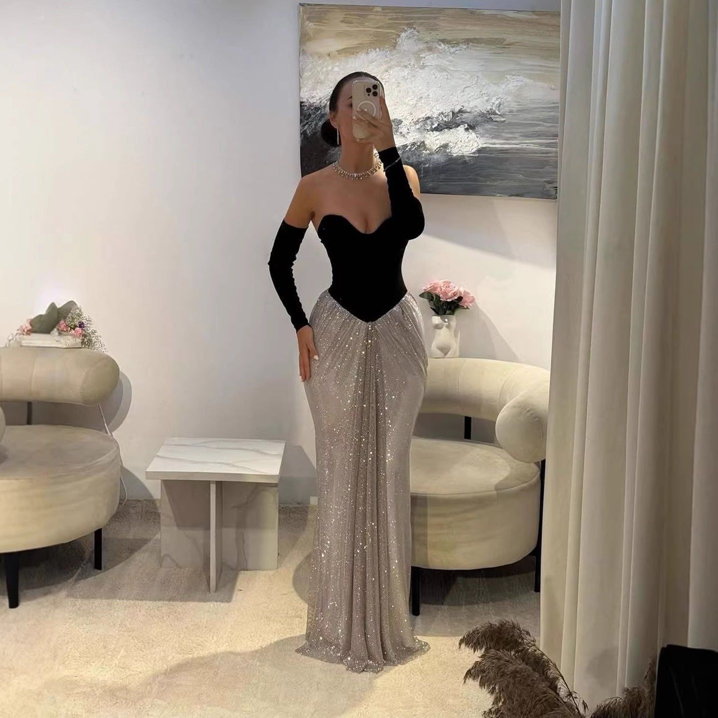 Luxury Black Silver Strapless Beaded Mermaid Evening Dress With Gloves LA73473