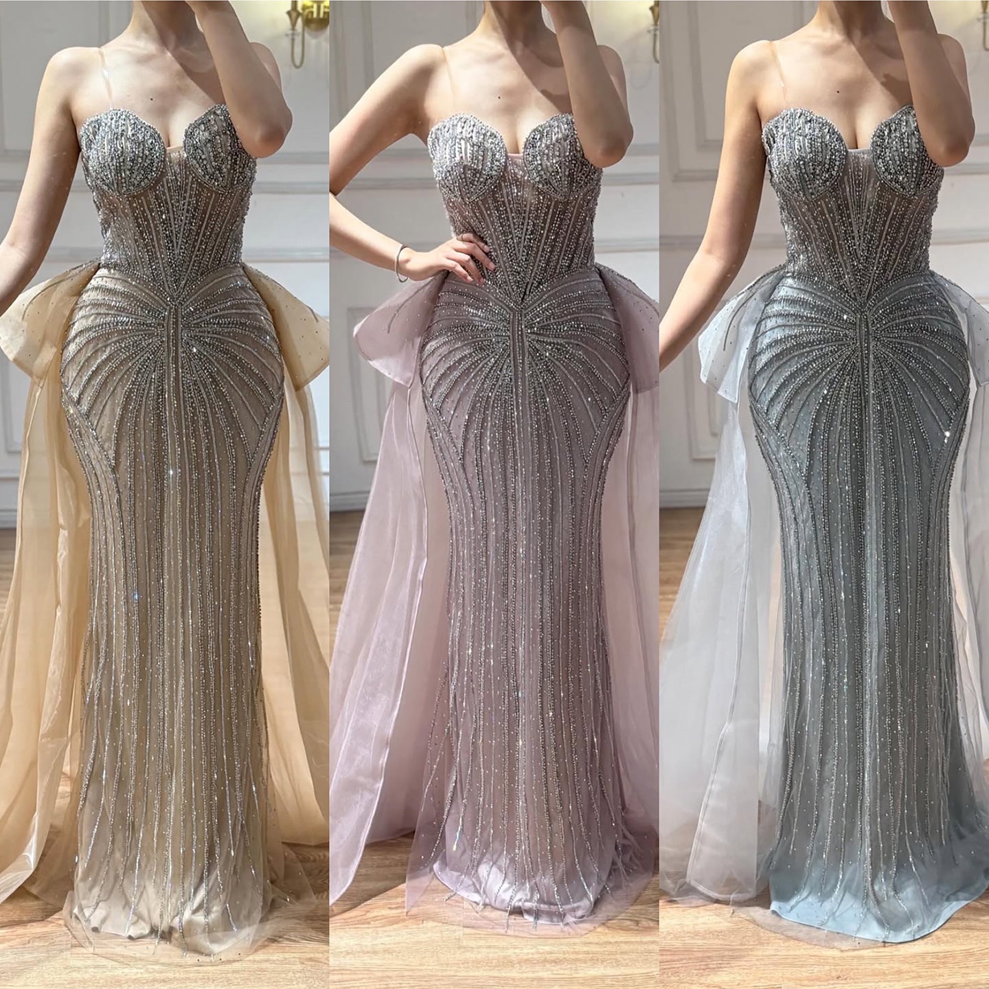 Luxury Nude Saudi Crystal Beaded Mermaid Evening Dress With Overskirt LA73474