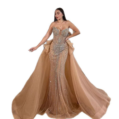 Luxury Nude Saudi Crystal Beaded Mermaid Evening Dress With Overskirt LA73474