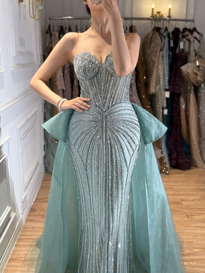 Luxury Nude Saudi Crystal Beaded Mermaid Evening Dress With Overskirt LA73474