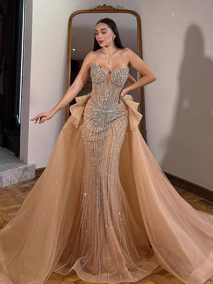 Luxury Nude Saudi Crystal Beaded Mermaid Evening Dress With Overskirt LA73474