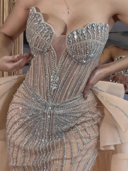 Luxury Nude Saudi Crystal Beaded Mermaid Evening Dress With Overskirt LA73474