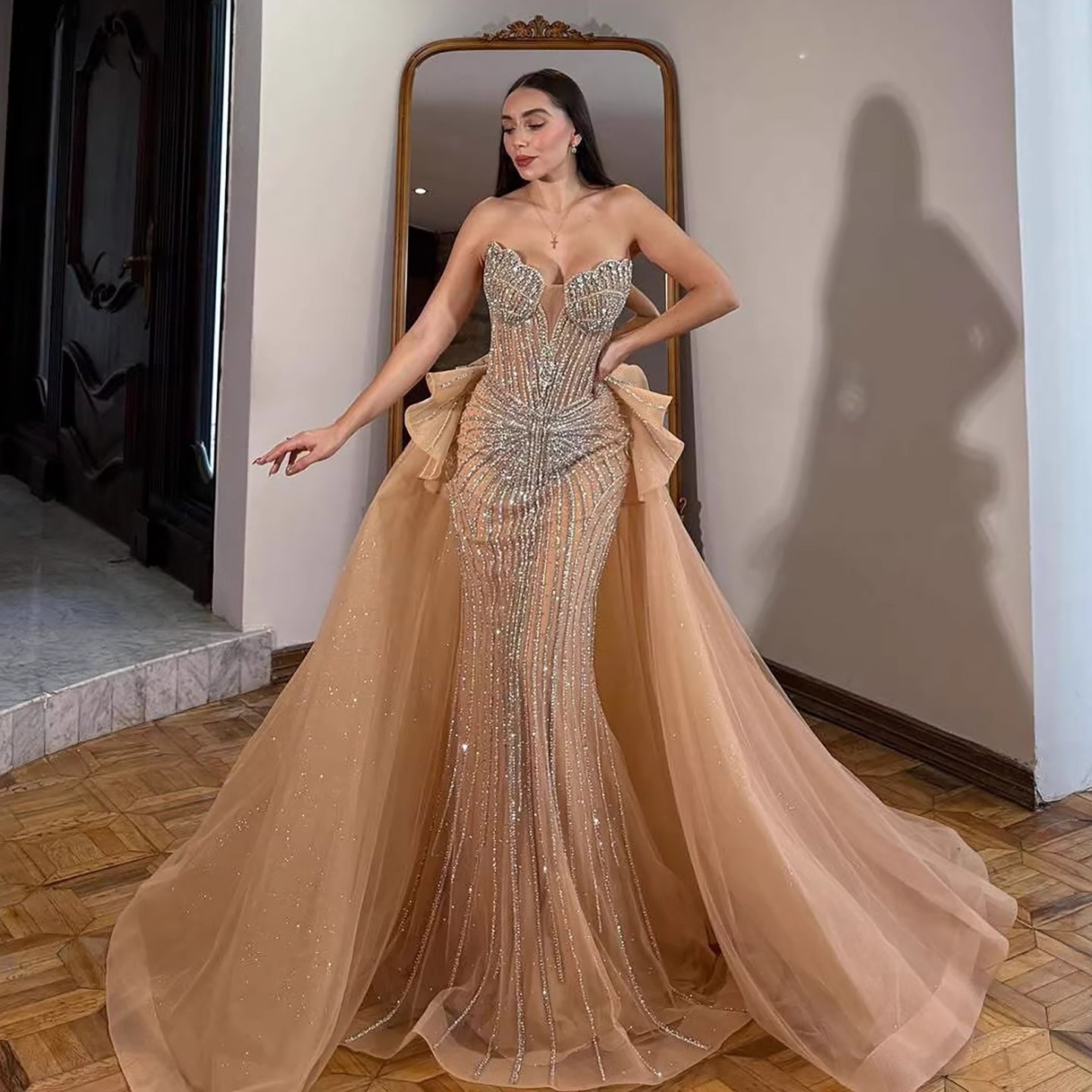 Luxury Nude Saudi Crystal Beaded Mermaid Evening Dress With Overskirt LA73474