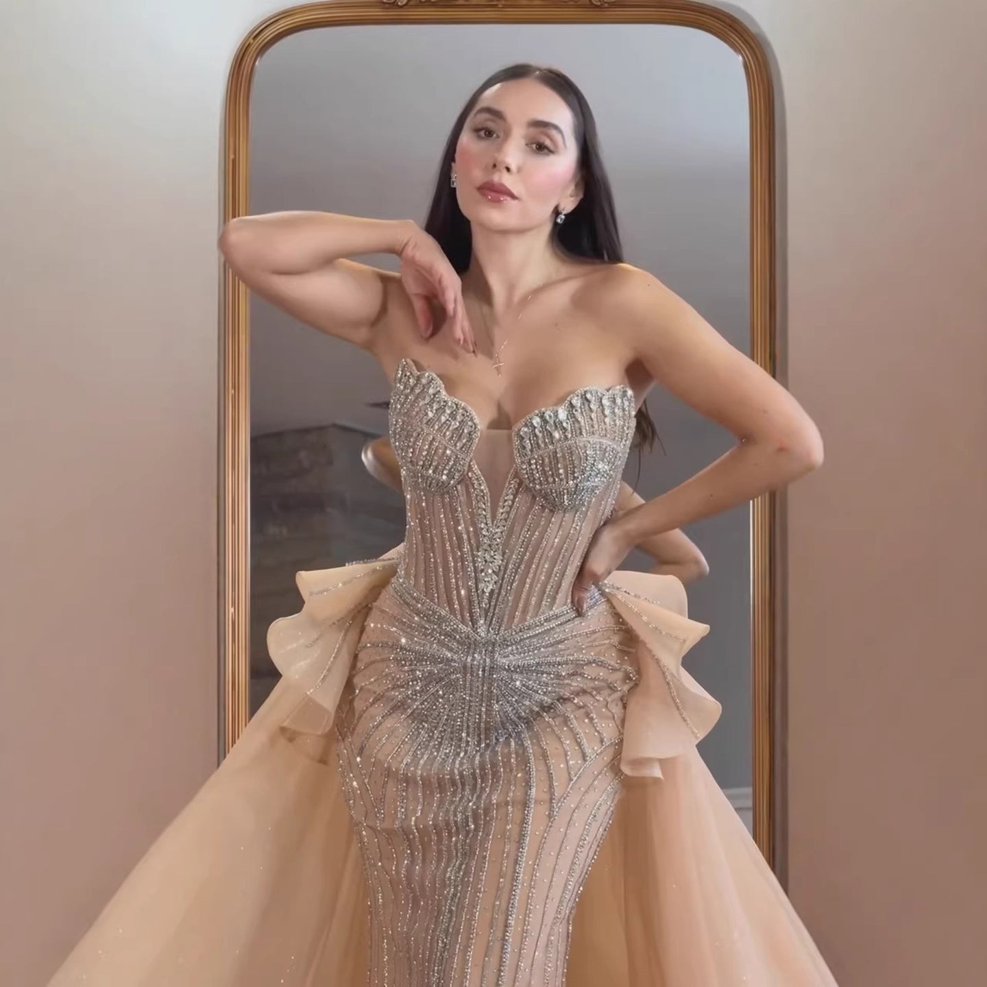 Luxury Nude Saudi Crystal Beaded Mermaid Evening Dress With Overskirt LA73474