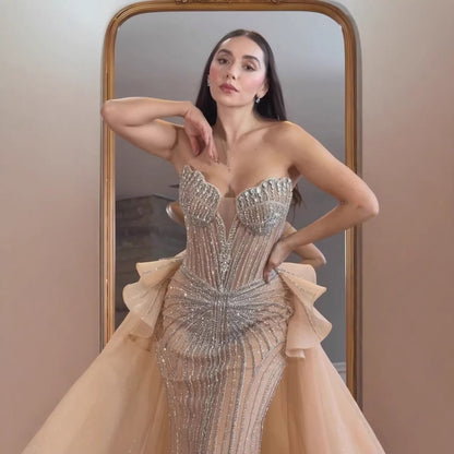 Luxury Nude Saudi Crystal Beaded Mermaid Evening Dress With Overskirt LA73474