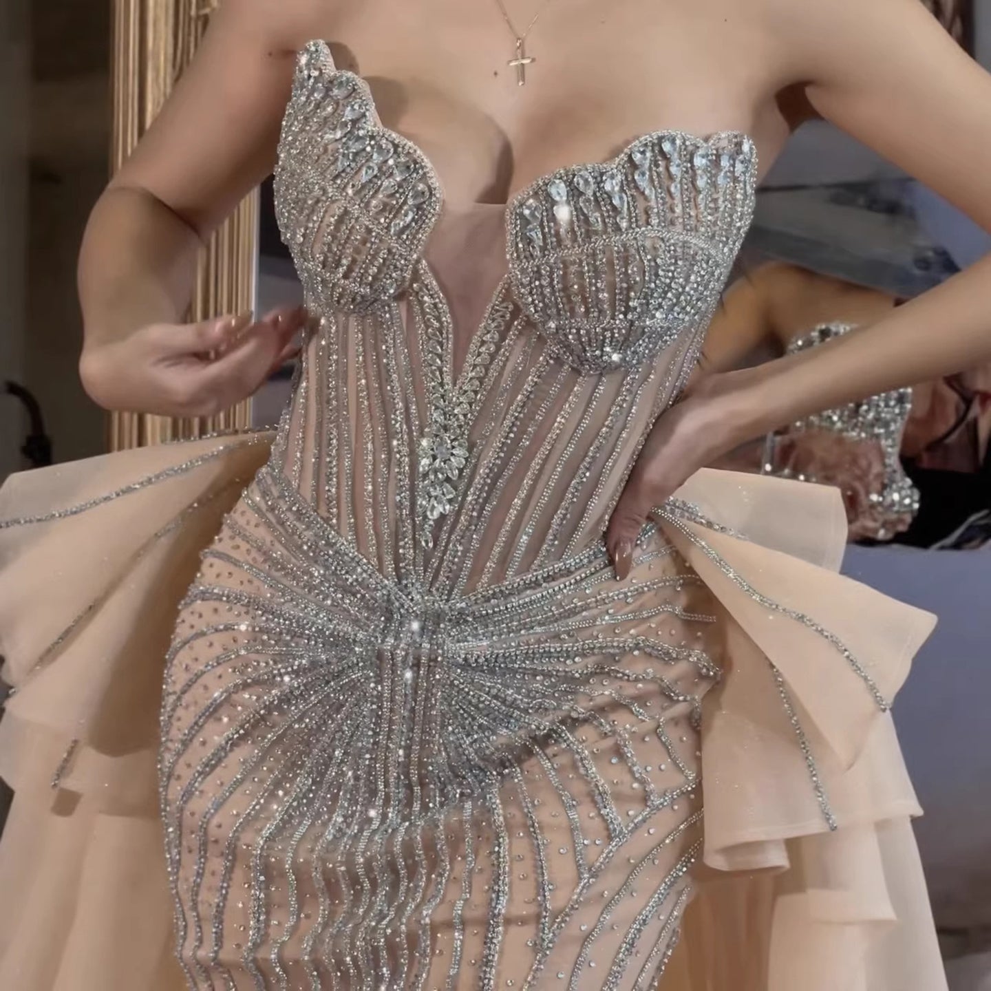 Luxury Nude Saudi Crystal Beaded Mermaid Evening Dress With Overskirt LA73474