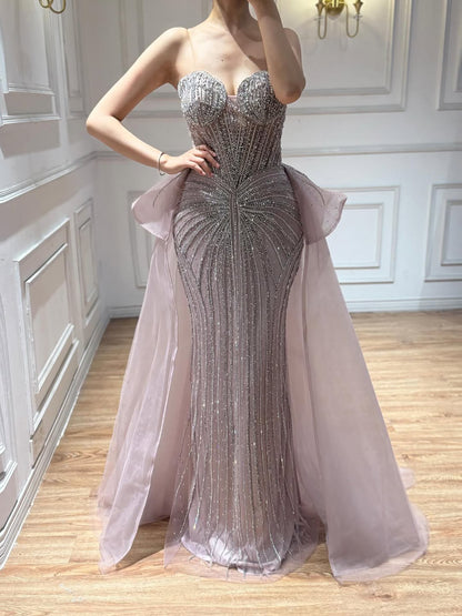 Luxury Nude Saudi Crystal Beaded Mermaid Evening Dress With Overskirt LA73474