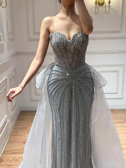 Luxury Nude Saudi Crystal Beaded Mermaid Evening Dress With Overskirt LA73474