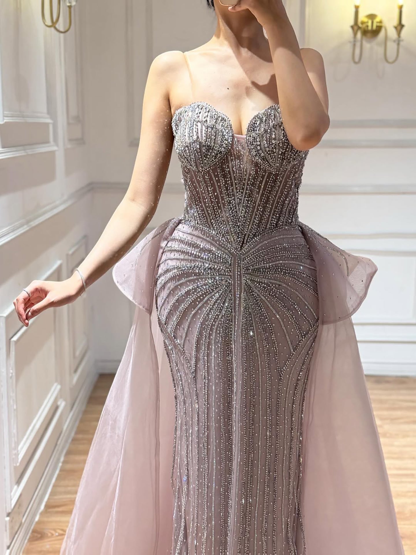 Luxury Nude Saudi Crystal Beaded Mermaid Evening Dress With Overskirt LA73474