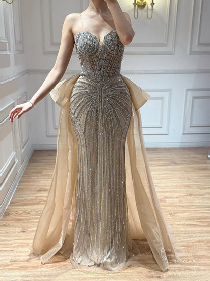 Luxury Nude Saudi Crystal Beaded Mermaid Evening Dress With Overskirt LA73474