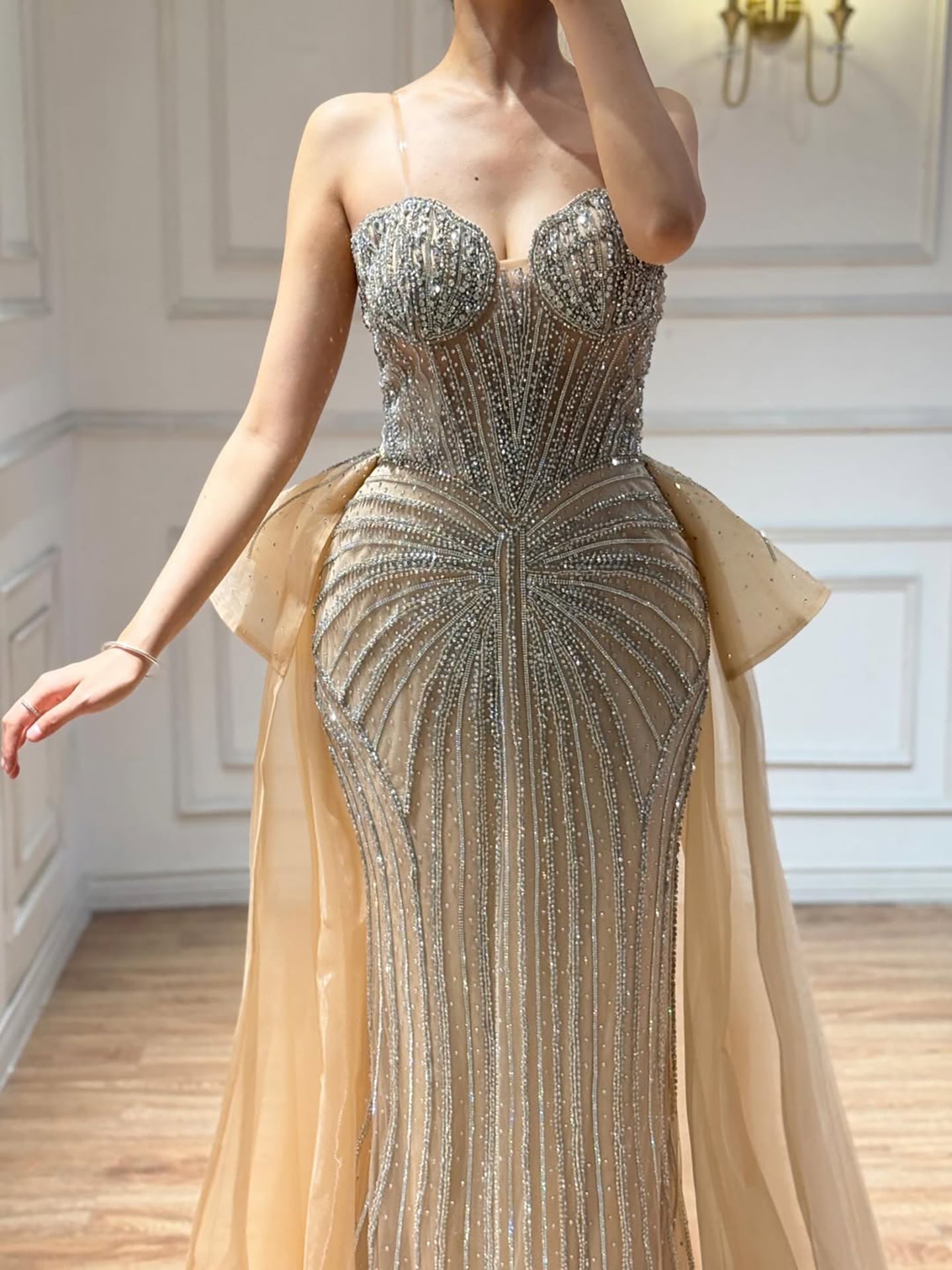 Luxury Nude Saudi Crystal Beaded Mermaid Evening Dress With Overskirt LA73474