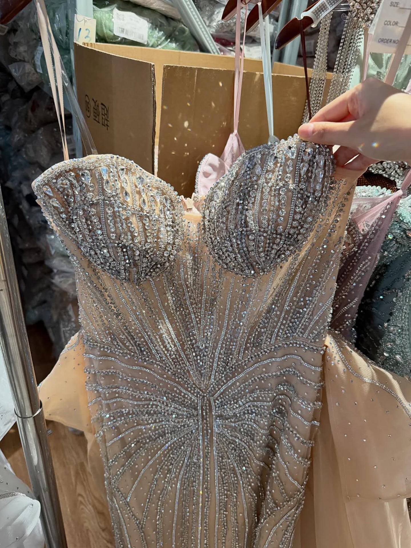 Luxury Nude Saudi Crystal Beaded Mermaid Evening Dress With Overskirt LA73474