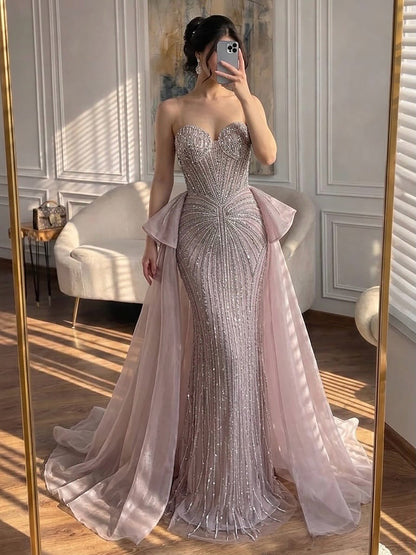 Luxury Nude Saudi Crystal Beaded Mermaid Evening Dress With Overskirt LA73474