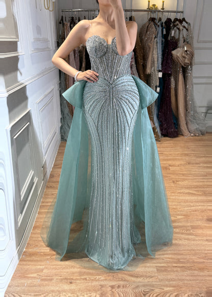 Luxury Nude Saudi Crystal Beaded Mermaid Evening Dress With Overskirt LA73474